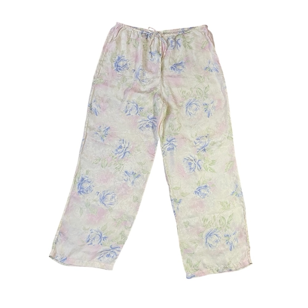 Silk Blue and Green‎ Floral Pajama Pants with Elastic Waist M